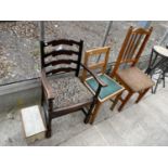 A LADDERBACK ELBOW CHAIR, PINE CHAIR, PAINTED STOOL AND OAK DINING CHAIR