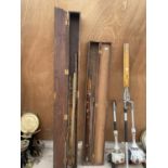 TWO VINTAGE WOODEN STORAGE CASES WITH AN ASSORTMENT OF FISHING RODS TO INCLUDE SPLIT CANES ETC