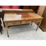 A 19TH CENTURY MAHOGANY AND CROSSBANDED SIDE TABLE WITH THREE FRIEZE DRAWERS, ON TAPERED LEGS,