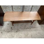 A RETRO TEAK TWO TIER COFFEE TABLE, THE UNDER-TIER BEING SPLIT CANE, 48X17" (INDISTINCT LABEL)