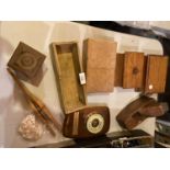 A COLLECTION OF TREEN , TO INCLUDE THREE LIDDED BOXES, A VINTAGE PLANE, A MONEY BOX AND A WEATHER