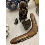 A GROUP OF TREEN TRIBAL ITEMS TO INCLUDE A SMALL BOOMERANG