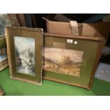 TWO FRAMED PRINTS, ONE BEING AN ANTIQUE GILT FRAMED FARM SCENE SIGNED W. RANDALL 44CM X 58CM. THE