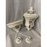 A PAIR OF CERAMIC WALL MOUNTED WATER VESSEL AND BOWLWITH DECORATIVE BLUE AND WHITE FLOWERS IN