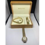 TWO LADIES ACCURIST WRISTWATCHES AND A BRACELET IN A WOODEN PRESENTATION BOX