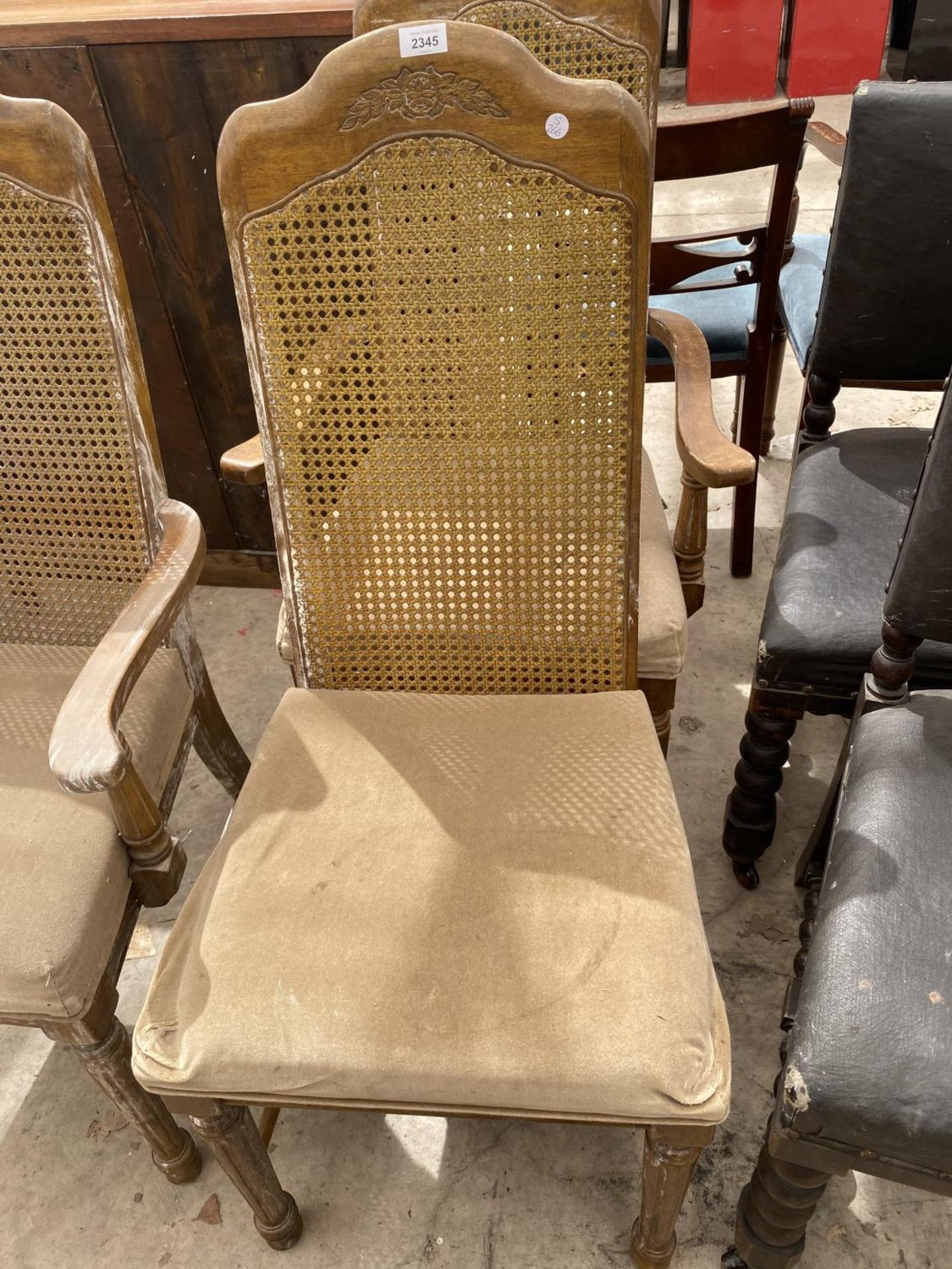 TWO EDWARDIAN BEDROOM CHAIRS, THREE CANE-BACK DINING CHAIRS AND A VICTORIAN CORNER STAND - Image 3 of 4