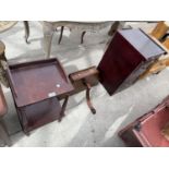 A MODERN BEDSIDE TABLE, MAHOGANY AND CROSSBANDED TELEPHONE WALL BRACKET WITH DRAWER AND TWO DRAWER