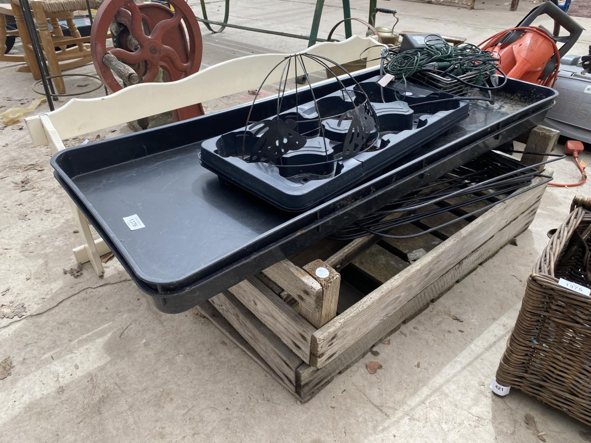 AN ASSORTMENT OF ITEMS TO INCLUDE POTATO SPRITTING BOX, A SHELVING UNIT AND TWO ELECTRIC HEDGE