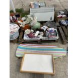 AN ASSORTMENT OF HOUSEHOLD CLEARANCE ITEMS TO INCLUDE A HEATER, GOLF BALLS AND AN IRONING BOARD ETC