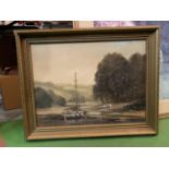 A GILT FRAMED OIL ON CANVAS DEPICTING A BOATING SCENE