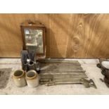 AN ASSORTMENT OF ITEMS TO INCLUDE BRASS FIRE COMPANION SET, STONE WARE JARS AND A WALL MIRROR ETC