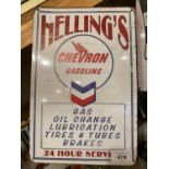 A VINTAGE STYLE METAL SIGN - HELLINGS CHEVRON GASOLINE - 20CM X 30CM