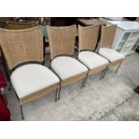 FOUR MODERN WICKER AND UPHOLSTERED DINING CHAIRS ON SHAPED METALWARE FRAME