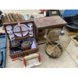 AN ASSORTMENT OF ITEMS TO INCLUDE TO BIRD CAGES, A PICNIC HAMPER AND TWO TEAPOTS ETC