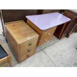A MID 20TH CENTURY THREE DRAWER CHEST, 14" WIDE AND A MID 20TH CENTURY RETRO SINGLE PEDESTAL DESK