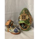 TWO CERAMIC CHILDREN'S NIGHTLIGHT LAMPS ONE BEING IN THE FORM OF A TREEHOUSE AND THE OTHER A BOOT