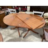 A MEREDEW MAHOGANY AND CROSSBANDED TWIN PEDESTAL DINING TABLE, 58X36" (LEAF 18")