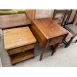 A VICTORIAN STYLE HARDWOOD DROP-LEAF TABLE WITH TWO DRAWERS AND PINE BEDSIDE TABLE