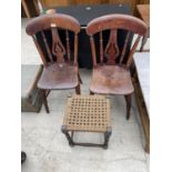 TWO VICTORIAN ELM SEATED KITCHEN CHAIRS AND A STOOL WITH WOVEN SEAT