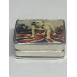 A MARKED STERLING SILVER PILL BOX WITH AN ENAMEL BRITISH BULLDOG