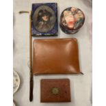 THREE VINTAGE TINS, A RIDING CROP AND AN ORGANISER ZIP UP CASE