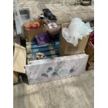 AN ASSORTMENT OF HOUSEHOLD CLEARANCE ITEMS TO INCLUDE TOYS, CANVAS' AND A STOOL ETC