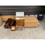 AN ASSORTMENT OF TREEN ITEMS TO INCLUDE A JEWELLERY BOX, A SMALL WOODEN ROCKING CHAIR AND A STOOL