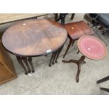 A NEST OF THREE TABLES, SMALL OCCASIONAL TABLE AND TRIPOD WINE TABLE