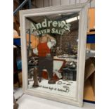 A LARGE VINTAGE ANDREW'S LIVER SALTS MIRROR WITHIN A PAINTED WOODEN FRAME 94CM X 68CM