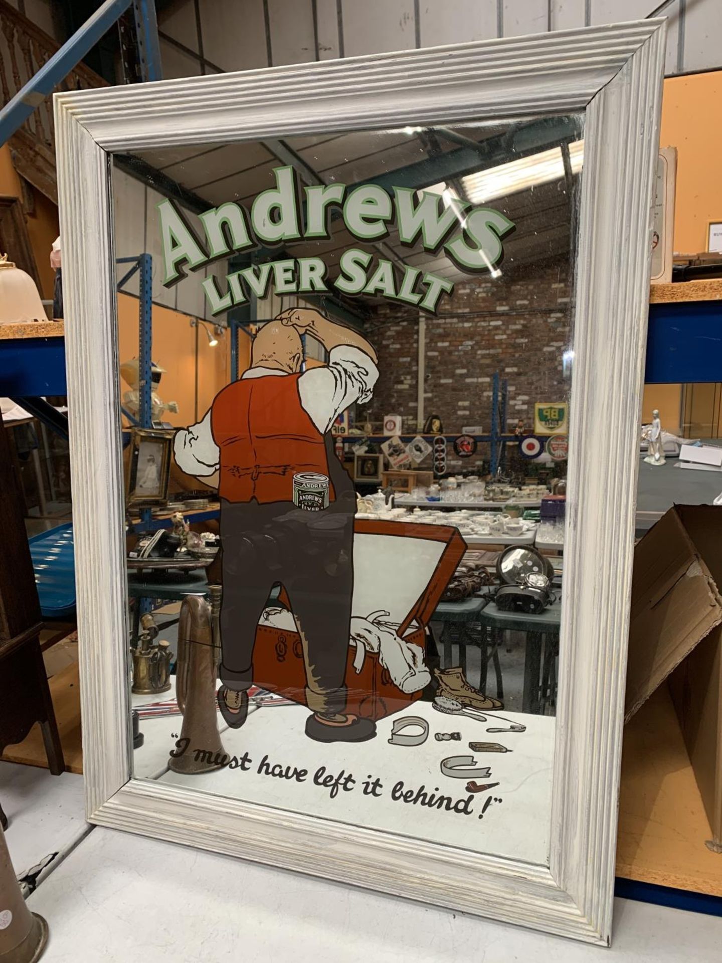 A LARGE VINTAGE ANDREW'S LIVER SALTS MIRROR WITHIN A PAINTED WOODEN FRAME 94CM X 68CM