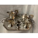 A LARGE SILVERPLATE TRAY WITH TWO SILVERPLATE TEA POTS, MILK AND CREAMER JUGS AND SUGAR BOWL