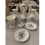 SIX EXAMPLES OF WEDGWOOD 'CLEMENTINE' AND A TRIO OF COALPORT VASES WITH A WEDGEWOOD TRINKET TRAY