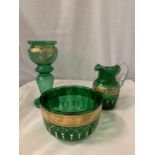 THREE PIECES OF GREEN AND GOLD GLASSWARE