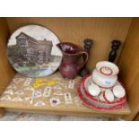 AN ASSORTMENT OF ITEMS TO INCLUDE CUPS, PLATES AND CANDLESTICKS ETC