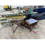 VARIOUS GARDEN ITEMS - A TABLE, TWO STOOLS, TWO BINS, A SHREDDER ETC