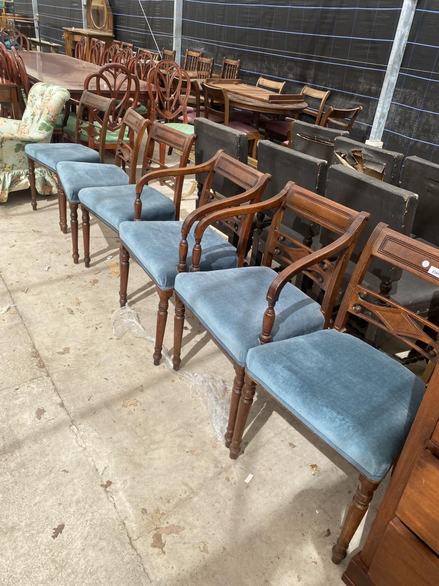 A SET OF SIX MAHOGANY 19TH CENTURY DINING CHAIRS ON TURNED FRONT LEGS, TO INCLUDE TWO CARVERS