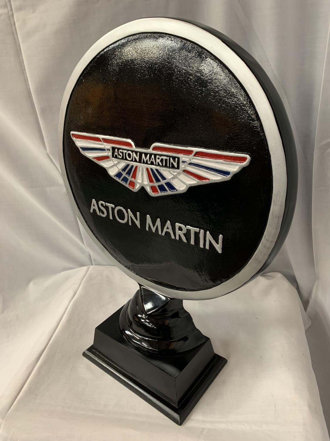 A LARGE ASTON MARTIN SIGN ON A WOODEN PLINTH H: APPROXIMATELY 52CM - Image 2 of 2