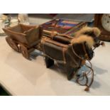 A PAIR OF VINTAGE OAK DECORATIVE HORSES TO INCLUDE A TREEN CART