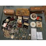 A QUANTITY OF ITEMS TO INCLUDE COSTUME JEWELLERY, TINS, BUTTONS, CIGARETTE CASES, CUFF LINKS ETC