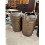 A PAIR OF DECORATIVE BROWN FIBRE GLASS BEE HIVE STYLE PLANTERS (H:90CM)