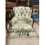 A MODERN FLORAL BEDROOM CHAIR ON FRONT CABRIOLE LEGS