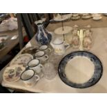 A COLLECTION OF VARIOUS CERAMICS TO INCLUDE LARGE BLUE AND WHITE VASE , THREE TIER CAKE STAND ETC, A