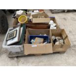 A PALLET OF VARIOUS HOUSEHOLD ITEMS - CERAMICS, FRAMED PRINTS ETC