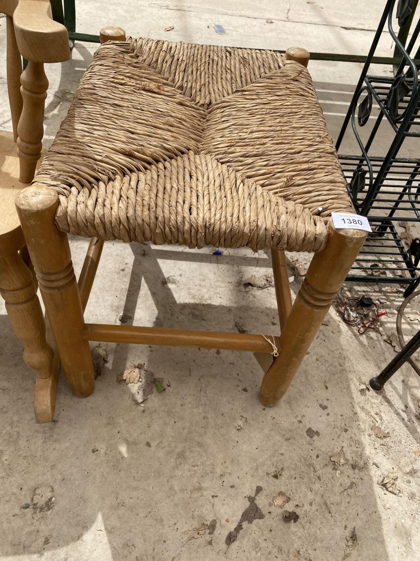 A WOODEN CHILDRENS ROCKING CHAIR AND A FURTHER WEAVE TOPPED STOOL - Image 2 of 4