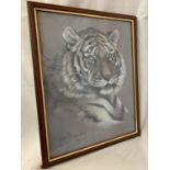 A FRAMED PRINT DEPICTING A TIGER BY JOAN BENCHE (GLASS A/F)