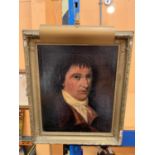 AN OIL PAINTING ON CANVAS IN A GILT FRAME WITH A PICTURE LIGHT ATTACHED