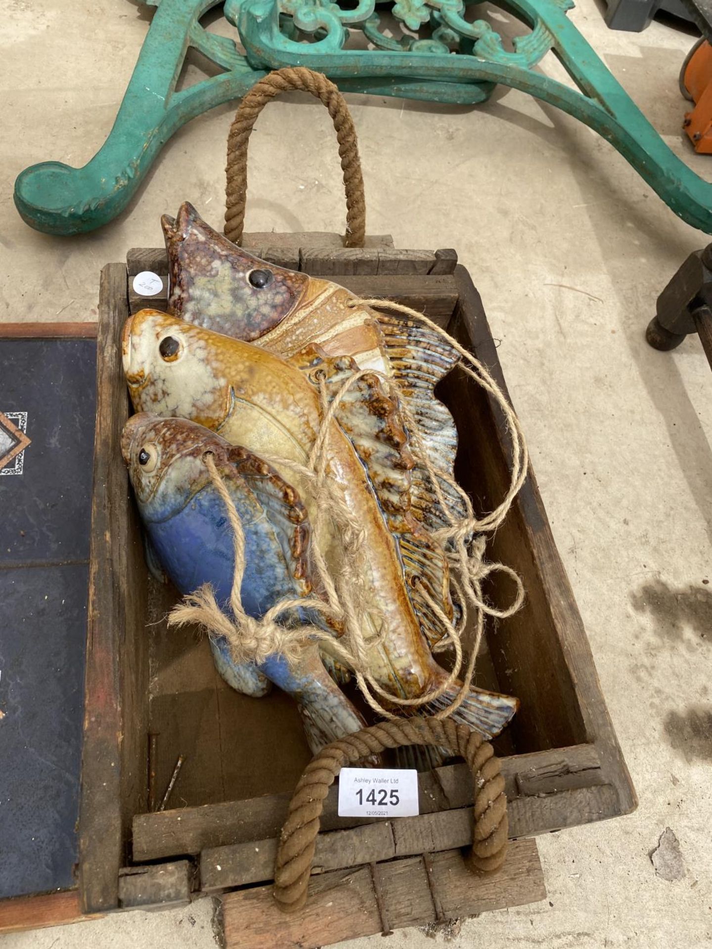 A SET OF FRAMED TILES, A WOODEN BOX AND THREE CERAMIC FISH - Image 2 of 3