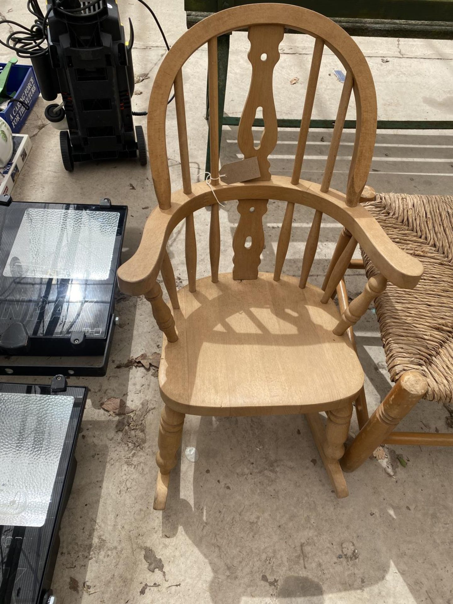 A WOODEN CHILDRENS ROCKING CHAIR AND A FURTHER WEAVE TOPPED STOOL - Image 3 of 4