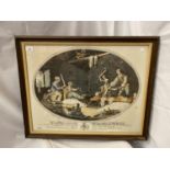 A VINTAGE FRAMED PRINT ON LINEN DEPICTING THE COMMON METHOD OF BEETLING, SCUTCHING AND HACKLING