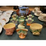 A SELECTION OF HAND PAINTED ART DECO MYOTT & SONS ENGLISH POTTERY AND A VICTORIAN PRINTED TRANSFER